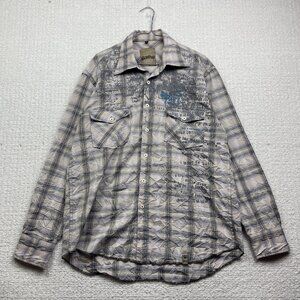 Y2K Manfred Plaid Button Up Shirt Goth Punk Doodle Script Graphic AOP Mens L